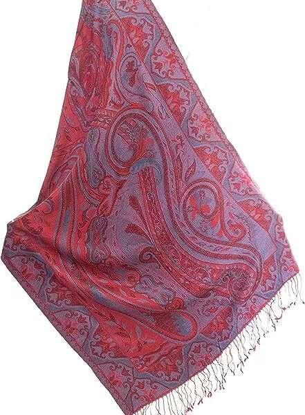 HERITAGE TRADING Elegant Burgundy Red Blue Reversible Silk Shawl Paisely Vine Jamavar
