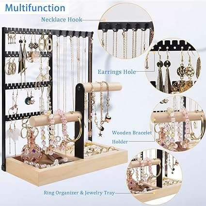 Jewelry Holder Organizer, Earring Holder Organizer with 48 Holes and Ring Tray, 6 Hooks Necklace, Bracelets Holder, 5-Tier White Jewelry Rack for Watch, Piercing, Stud, Jewelry Organizer, Room Decor