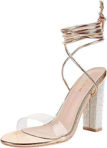 LALA IKAI Women’s Gold Rhinestone High Heels Sandals Ankle Strappy Clear Chunky Heels Dress Shoes
