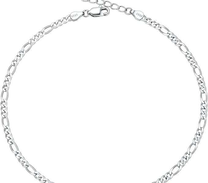SILVERCUTE Figaro Anklets for Women, Sterling Silver Diamond Cut 3mm Link Chain Ankle Bracelet with Heart Round Birthstone, Length 8.5-10.5