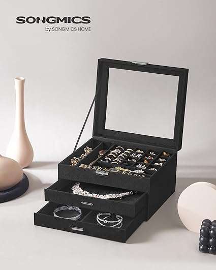 SONGMICS Jewelry Box, Lockable Jewelry Storage Organizer, Jewelry Case with Glass Window, for Rings, Earrings, Studs, Bracelets, Necklaces, Black