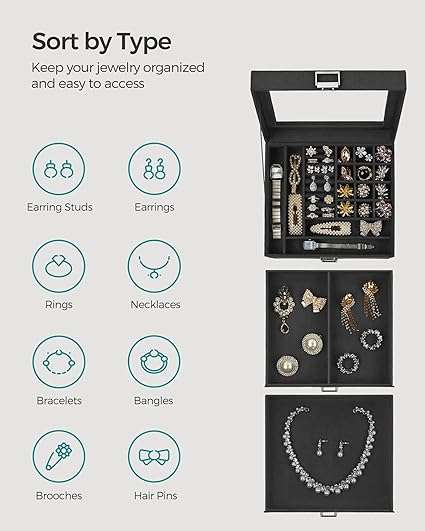 SONGMICS Jewelry Box, Lockable Jewelry Storage Organizer, Jewelry Case with Glass Window, for Rings, Earrings, Studs, Bracelets, Necklaces, Black