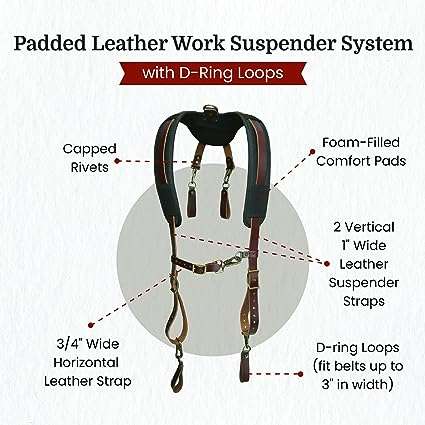 Style N Craft Men's Regular Size 98214-Padded Leather Work Suspender System with D-Ring Loops, Dark Tan, One Size Fits Most