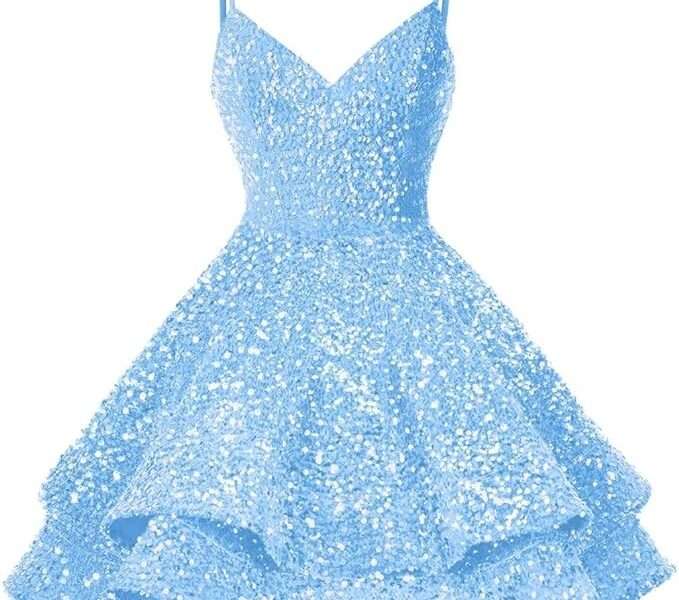 THBOEER Layered V Neck Homecoming Dresses Sparkly Short for Teens HOCO Dresses 2023 Sequin Prom Cocktail Gown