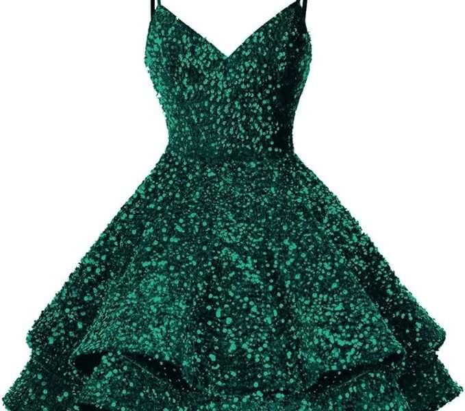 THBOEER Layered V Neck Homecoming Dresses Sparkly Short for Teens HOCO Dresses 2023 Sequin Prom Cocktail Gown