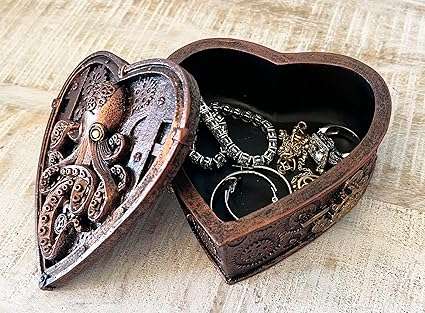 Top Brass Steampunk Octopus Heart Shaped Small Trinket Stash Jewelry Box Figurine - Unusual Eclectic Gothic Decor (Rustic Copper)
