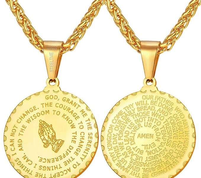 U7 Bible Verse Necklace Christian Jewelry 18K Gold Plated/Stainless Steel Lords Prayer Inscripted Praying Hands Coin Medal Pendant for Men Women -Gift Packed (22 Inch)