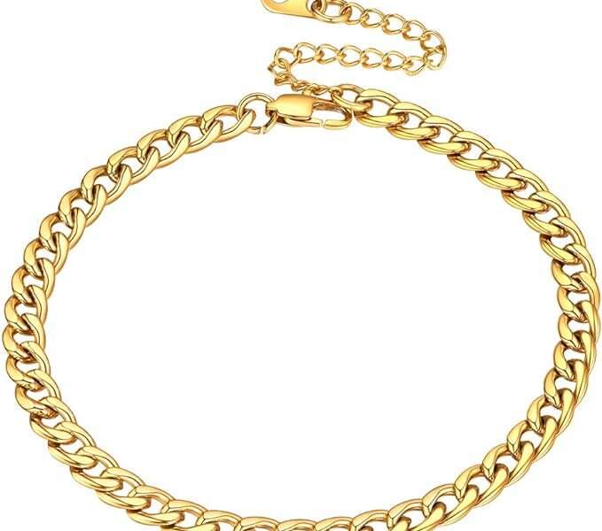 U7 Women Girls Barefoot Jewelry 18K Gold or Rose Gold Stainless Steel Heart Rope Figaro Cuban Chain Anklet Foot Bracelet, 25-30 CM Long
