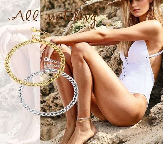 U7 Women Girls Barefoot Jewelry 18K Gold or Rose Gold Stainless Steel Heart Rope Figaro Cuban Chain Anklet Foot Bracelet, 25-30 CM Long