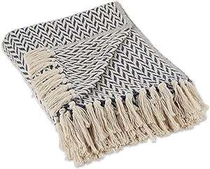 ADII Modern Zig Zag Throw Blanket Woven Cotton, Hand-Knotted 2.5 Fringe, 50x60, Nautical Blue