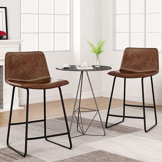 AWQM Bar Stools Set of 2,Vintage PU Leather Pub Height Stools with Metal Leg and Footrest,Kitchen Island Counter Stools Chairs,for Dining Room Lounge Kitchen,Brown