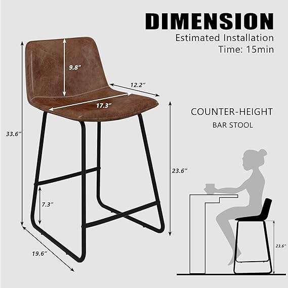 AWQM Bar Stools Set of 2,Vintage PU Leather Pub Height Stools with Metal Leg and Footrest,Kitchen Island Counter Stools Chairs,for Dining Room Lounge Kitchen,Brown