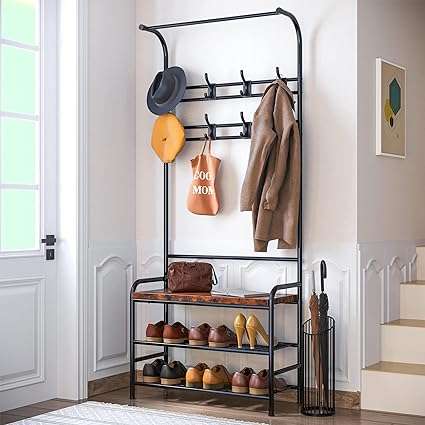 Alkmaar Coat Rack Shoe Bench, 4-in-1 Hall Tree Storage Bench for Entryway, with 8 Sturdy Hooks, Industrial Entryway Bench, Coat Tree for Small Spaces, Apartment, Bedroom, Retro Brown