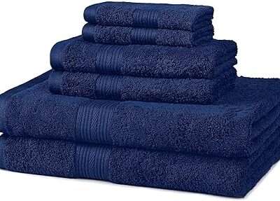 Amazon Basics 6-Piece Fade Resistant Bath towel, Hand and Washcloth Set - Cotton, Navy Blue, 14.25 L x 10.8 W