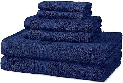 Amazon Basics 6-Piece Fade Resistant Bath towel, Hand and Washcloth Set - Cotton, Navy Blue, 14.25 L x 10.8 W