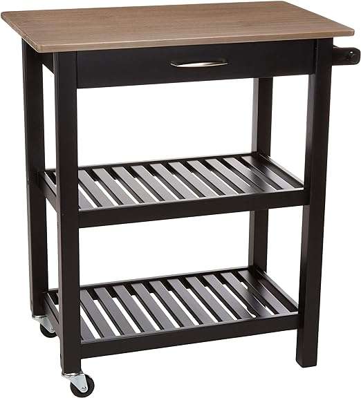 Amazon Basics Kitchen Island Cart with Storage, Solid Wood Top and Wheels, 35.4 x 18 x 36.5 inches, Gray-wash and Black