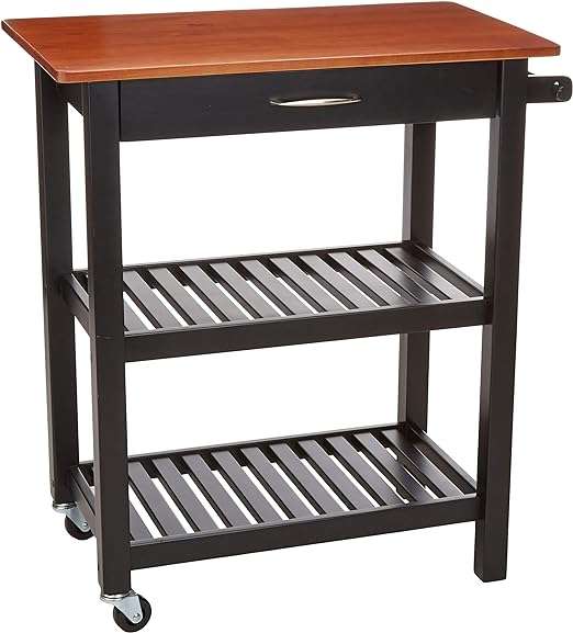 Amazon Basics Kitchen Island Cart with Storage, Solid Wood Top and Wheels, 35.4 x 18 x 36.5 inches, Gray-wash and Black
