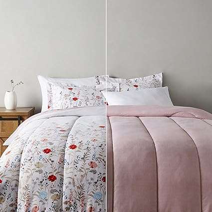 Amazon Basics Ultra-Soft Lightweight Microfiber Reversible Comforter 3-Piece Bedding Set, Full Queen, Pink Floral