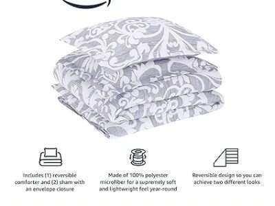 Amazon Basics Ultra-Soft Lightweight Microfiber Reversible Comforter 3-Piece Bedding Set, King, Gray Medallion
