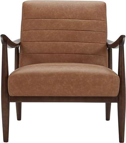 Amazon Brand – Rivet Spear Mid-Century Modern Channel Tufted Leather Accent Chair with Wood Arms, 29.1 W, Cognac Brown