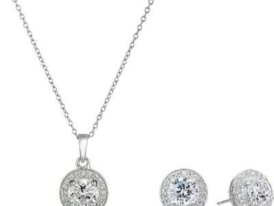 Amazon Collection womens Sterling Silver Cubic Zirconia Halo Pendant Necklace and Stud Earrings Jewelry Set