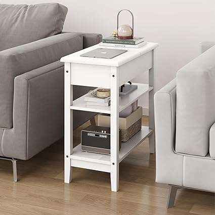 BOTLOG End Table White, Narrow Side Table with Storage Shelves, Flip Top Sofa Table Bedside Table for Living Room Bedroom, Small Space