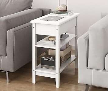 BOTLOG End Table White, Narrow Side Table with Storage Shelves, Flip Top Sofa Table Bedside Table for Living Room Bedroom, Small Space