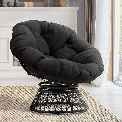 Bme Ergonomic Wicker Papasan Chair with Soft Thick Density Fabric Cushion, High Capacity Steel Frame, 360 Degree Swivel for Living, Bedroom, Reading Room, Lounge, Sepia Sand - Black Base