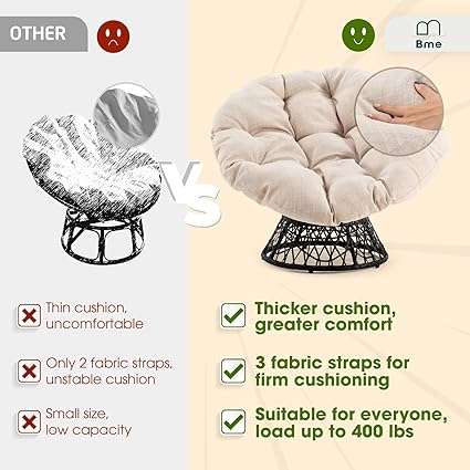 Bme Ergonomic Wicker Papasan Chair with Soft Thick Density Fabric Cushion, High Capacity Steel Frame, 360 Degree Swivel for Living, Bedroom, Reading Room, Lounge, Sepia Sand - Black Base