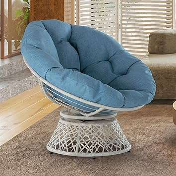 Bme Ergonomic Wicker Papasan Chair with Soft Thick Density Fabric Cushion, High Capacity Steel Frame, 360 Degree Swivel for Living, Bedroom, Reading Room, Lounge, Serene Oasis - White Base