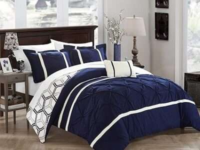 Chic Home Marcia 4 Piece Comforter Set Printed Pinch Pleated Ruffled and Reversible Geometric Design with Decorative Pillow and Sham, Full Queen, Navy