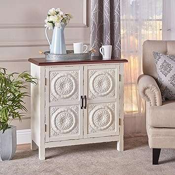 Christopher Knight Home Alana Firwood Cabinet with Faux Wood Overlay, Distressed White / Brown