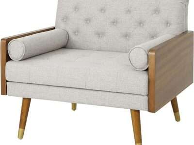 Christopher Knight Home Greta Mid Century Modern Fabric Club Chair, Beige, Dark Walnut 30.5D x 37.75W x 33H in