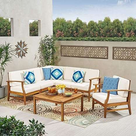 Christopher Knight Home Perla Outdoor Acacia Wood Sofa Set with Water Resistant Cushions, 7-Pcs Set, Teak Finish