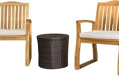 Christopher Knight Home Tampa Outdoor Acacia Wood Chat Set with Round Wicker Table, 3-Pcs Set, Teak Finish / Brown