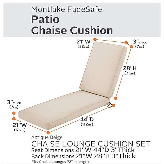 Classic Accessories Montlake FadeSafe FadeSafe Water-Resistant 72 x 21 x 3 Inch Patio Chaise Lounge Cushion, Antique Beige, Outdoor Seat Cushion