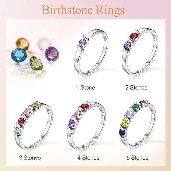 Custom4U Personalized Mom Rings with 1-5 Birthstones Names Engraved Sterling Silver Size 5-11 Mother’s Daughter Grandma Ring Customized Anniversary Promise Rings for Grandma Women Wife (Gift Box)