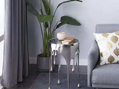 Deco 79 Aluminum Drip Accent Table with Melting Designed Legs and Shaded Glass Top, 16" x 16" x 24", Silver