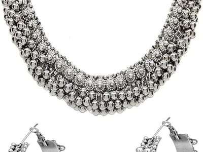 Decor Tales Indian Ethnic Fashion Handmade Bollywood Statement Tribal Gypsy Oxidized Collar Silver Ghungroo Beads Choker Necklace Earrings Set Jewelry