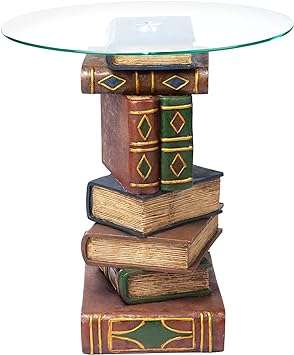 Design Toscano Stacked Book Volumes Vintage Decor End Table with Glass Top, 20 Inch, Polyresin, Full Color