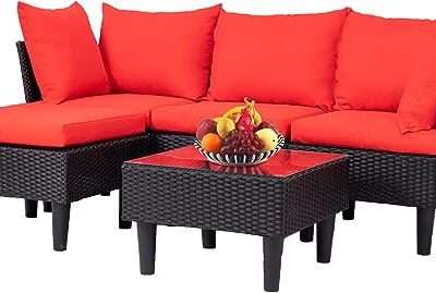FDW Patio Furniture Sets 5 Pieces Outdoor Wicker Conversation Set Sectional Sofa Rattan Chair for Outdoor Backyard Porch Poolside Balcony Garden Furniture with Coffee Table,Red Cushion