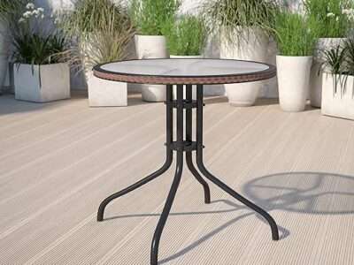 Flash Furniture Barker 28'' Round Tempered Glass Metal Table with Dark Brown Rattan Edging