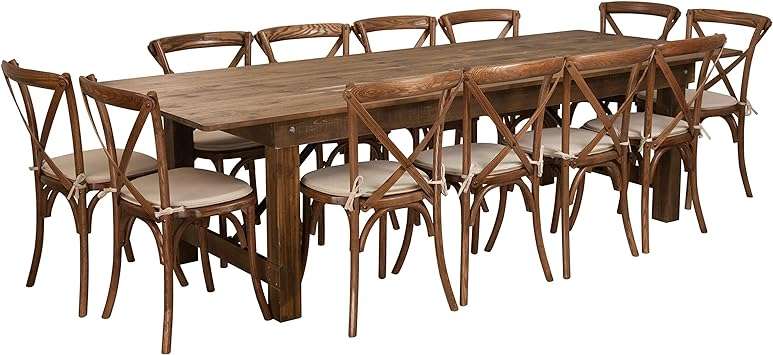 Flash Furniture HERCULES Series 9' x 40'' Antique Rustic Folding Farm Table Set with 12 Cross Back Chairs and Cushions