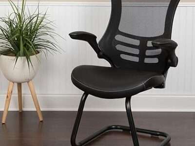Flash Furniture Kelista Black Mesh Sled Base Side Reception Chair with White Stitched LeatherSoft Seat and Flip-Up Arms