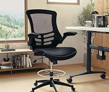 Flash Furniture Kelista Mid-Back Black Mesh Ergonomic Drafting Chair with LeatherSoft Seat Adjustable Foot Ring, Flip-Up Arms Comfort and Productivity