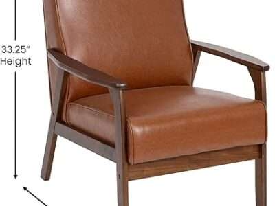 Flash Furniture Langston Commercial Mid Century Modern Chair - Cognac LeatherSoft Upholstery - Walnut Finish Wooden Frame and Arms - Extra Supportive Sinuous Springs