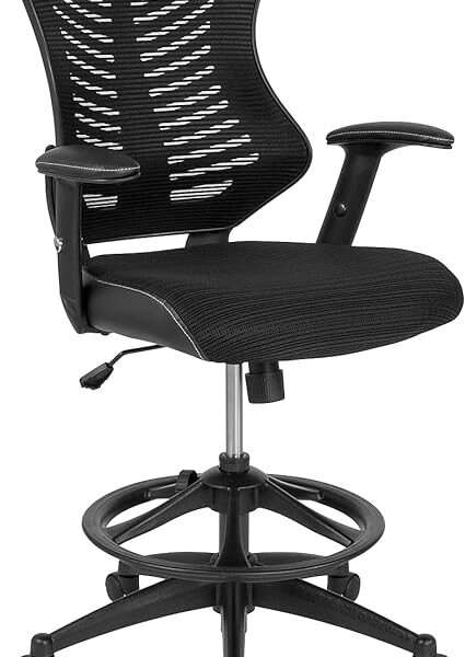 Flash Furniture Waylon High Back Designer Black Mesh Drafting Chair with LeatherSoft Sides and Adjustable Arms