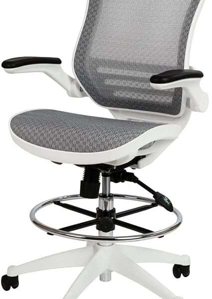 Flash Furniture Waylon Mid-Back Transparent Gray Mesh Drafting Chair with White Frame and Flip-Up Arms