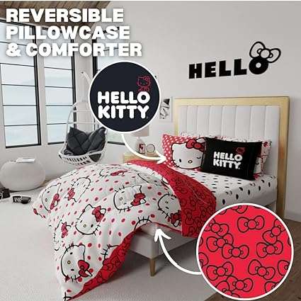 Franco Collectibles Sanrio Hello Kitty Polka Dot Bedding 7 Piece Super Soft Comforter and Sheet Set with Sham, Queen,