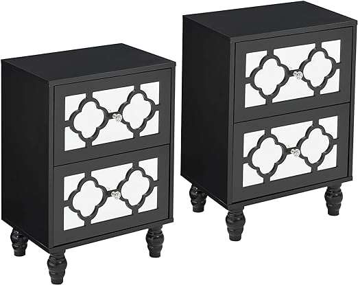 GAOMON Set of 2 Nightstands, Bedside Table End Table with 2 Storage Drawer Dressr with Mirrored Drawer Chest for Bedroom, Nursery Living Room Easy Assembly (Black（2 Pack）)